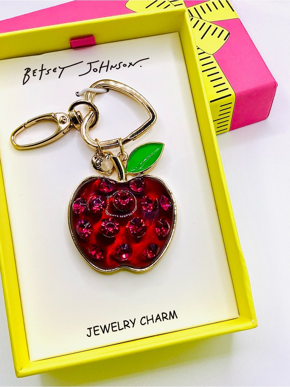 Betsey Johnson Red Apple Crystal Charm Keychain with Green Leaf